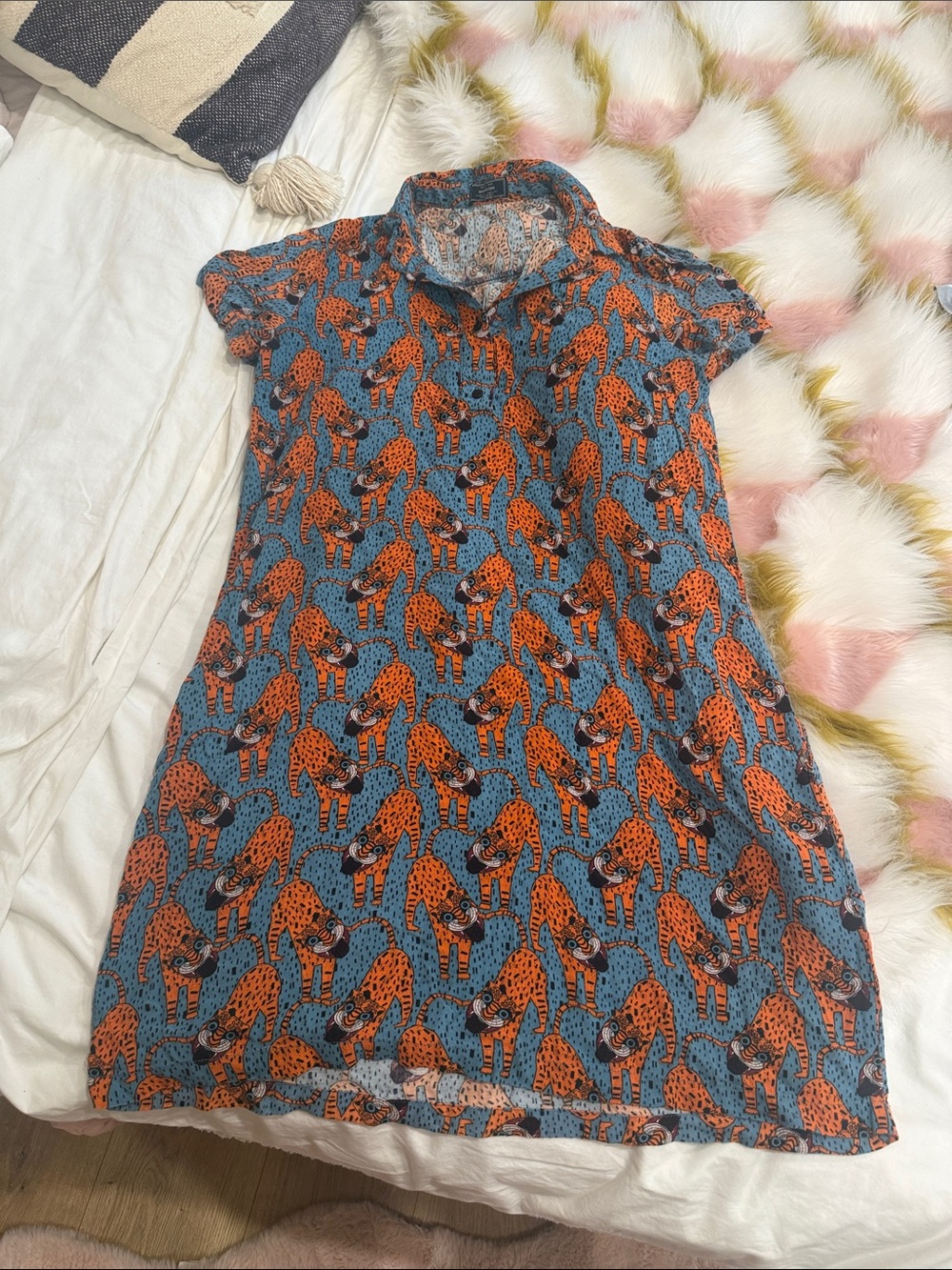 Blue Shift Dress with Orange Leopard Print